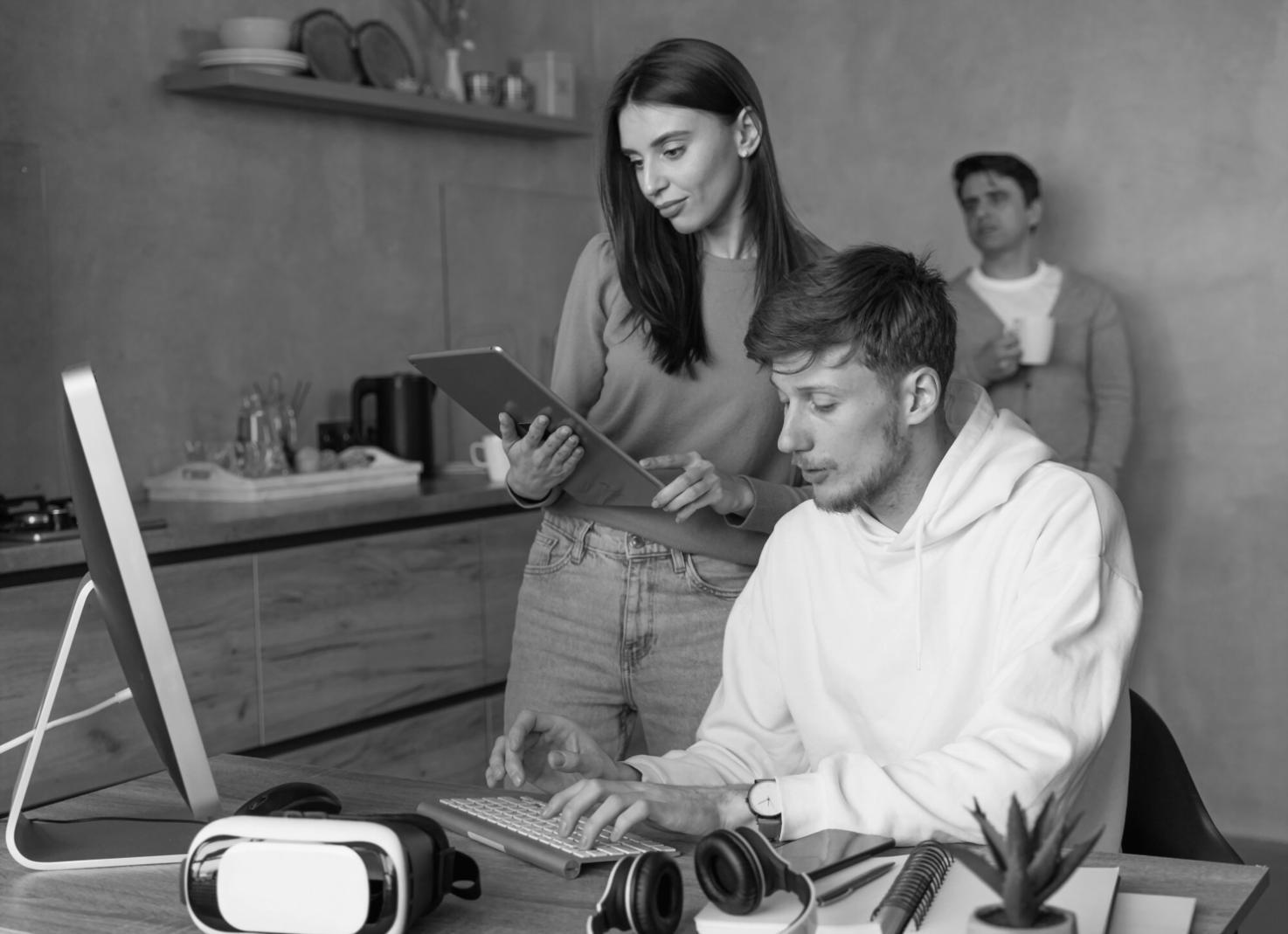Market research documentation and analytical reports spread across a modern workspace